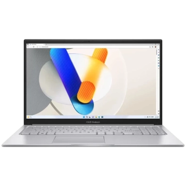 ASUS Vivobook silver laptop with abstract V-shape wallpaper, front view.
