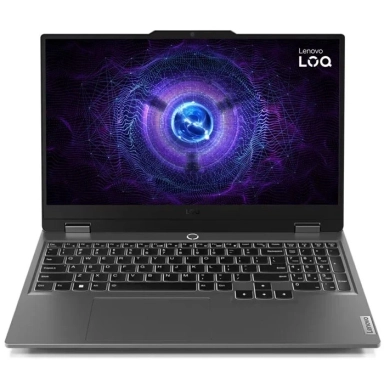 Lenovo LOQ laptop with futuristic purple digital wallpaper, front view.