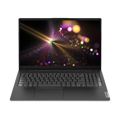 Lenovo laptop with black keyboard and colorful light burst wallpaper.