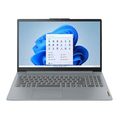 Lenovo laptop with black keyboard and colorful light burst wallpaper.