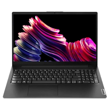 Lenovo laptop with black keyboard and colorful light burst wallpaper.