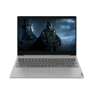 Lenovo laptop with black keyboard and colorful light burst wallpaper.