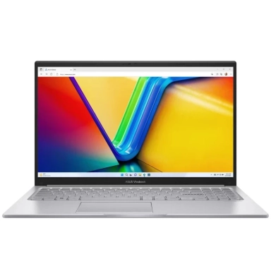 Lenovo laptop with black keyboard and colorful light burst wallpaper.