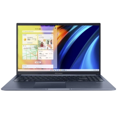 Lenovo laptop with black keyboard and colorful light burst wallpaper.