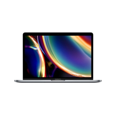 Apple MacBook Pro with vibrant abstract rainbow display, front view