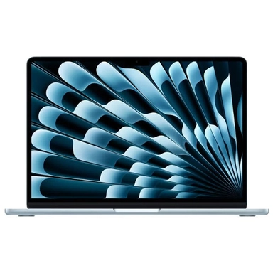 Apple MacBook with blue abstract display pattern, front view