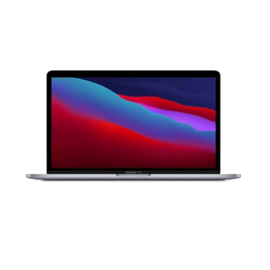 Apple MacBook Pro with red and blue gradient display, front view