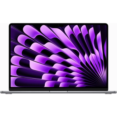 Apple MacBook with purple abstract display pattern, front view