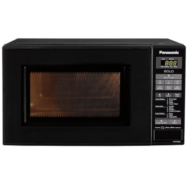 Black Panasonic microwave oven with digital display and control panel.