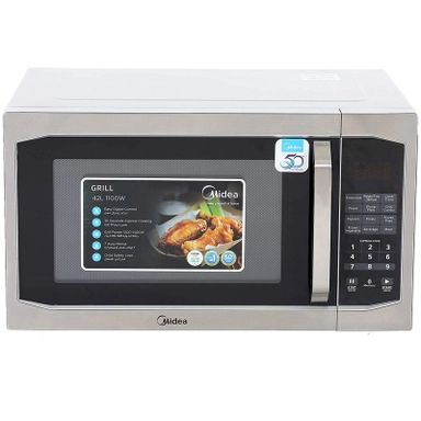 Stainless steel Midea microwave oven with digital keypad and grill feature.