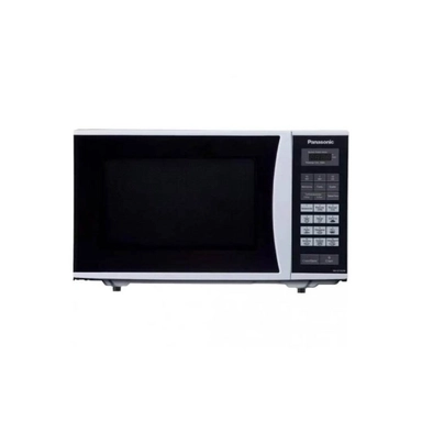 White Panasonic microwave oven with digital display and push-button controls.