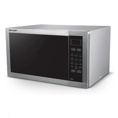 Stainless steel Sharp microwave oven with black door and digital control panel.