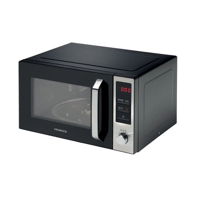 Black Kenwood microwave oven with silver handle and digital control panel.