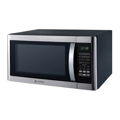 Stainless steel Snowa microwave oven with keypad and digital timer display.
