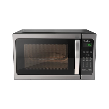 Stainless steel Techno microwave oven with digital keypad and timer display.