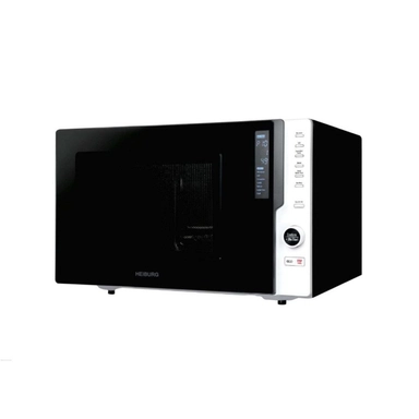 Black and white Heiburg microwave oven with digital control panel and knob.