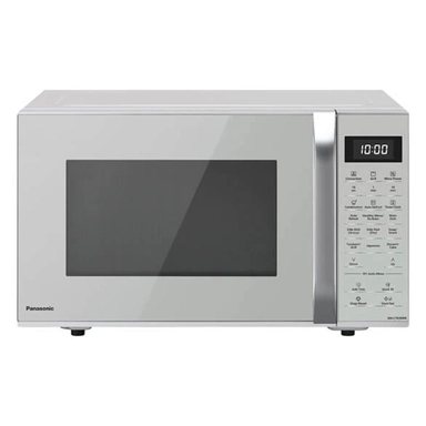 White Panasonic microwave oven with digital timer and side control panel.