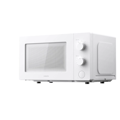 White Xiaomi microwave oven with minimalist design and dual control knobs.