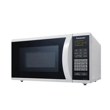 White Panasonic microwave oven with black door and digital control keypad.