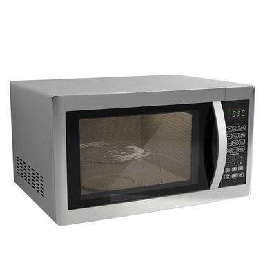 Stainless steel microwave oven with digital keypad and curved handle.