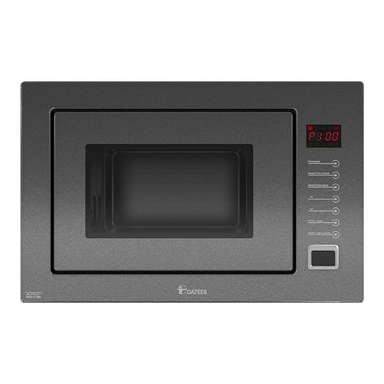 Black built-in microwave oven with digital timer and touch controls.