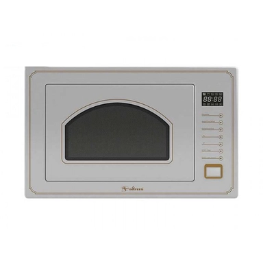 White built-in microwave oven with arched window and digital control panel.
