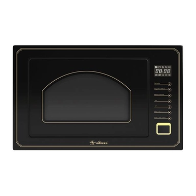 Black built-in microwave oven with arched window and gold-accented control panel.