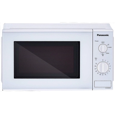 White Panasonic microwave oven with manual rotary knobs for power and timer.