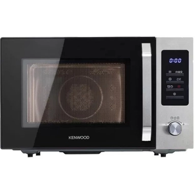 Black and silver Kenwood microwave oven with digital controls and rotary dial.