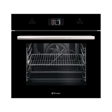 Black built-in electric oven with digital display and stainless steel handle.