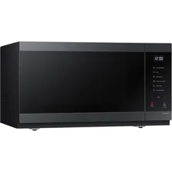 Sleek black microwave oven with touch control panel and minimalist design.