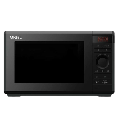 Black MIGEL microwave oven with digital display and rotary control knob.