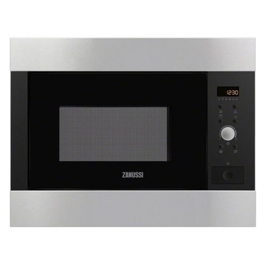 Silver Zanussi built-in microwave oven with digital display and control panel.