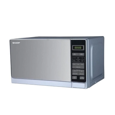 Silver Sharp microwave oven with digital display and push-button controls.
