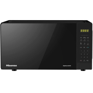 Black Hisense microwave oven with touch control panel and digital display.