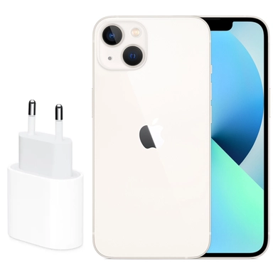 White Apple iPhone with dual cameras, gradient display, and included fast charging adapter