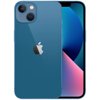 Blue iPhone showing front screen and back with dual cameras.