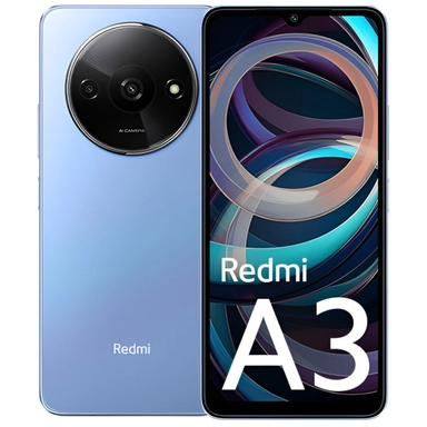 Redmi A3 smartphone in blue with circular rear camera and colorful display