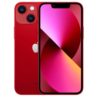 Red Apple iPhone with dual rear cameras and vibrant pink gradient display