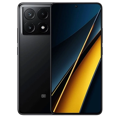 Black 5G smartphone with quad rear cameras and sleek abstract wallpaper display