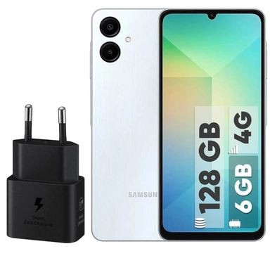 Samsung smartphone with dual cameras, 128GB storage, 6GB RAM, and fast charging adapter