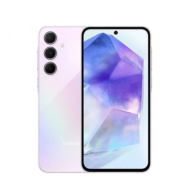Samsung smartphone in pearl white with triple rear cameras and crystal-themed display