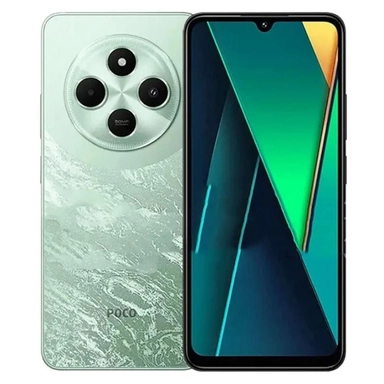 Poco smartphone in mint green with triple rear cameras and abstract display