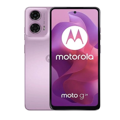 Motorola Moto G24 smartphone in pink with dual rear cameras and front display