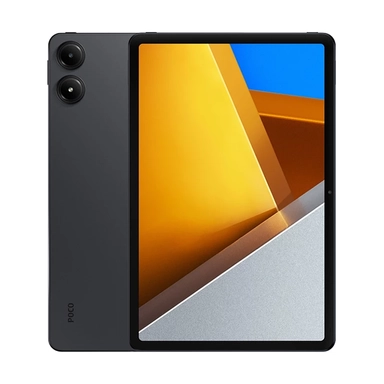 Poco black tablet with modern design and dual rear cameras.