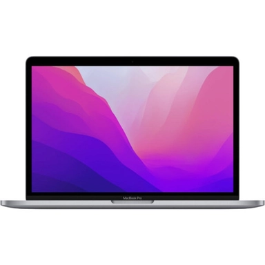 Silver MacBook Pro laptop with colorful pink and purple screen background.