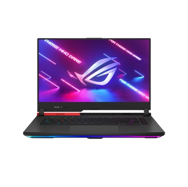 ASUS ROG gaming laptop with RGB colors keyboard and neon logo on display.