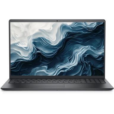 Dell laptop with abstract blue and white wave design on screen.