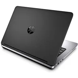 Black HP laptop partially open showing silver keyboard and ports.