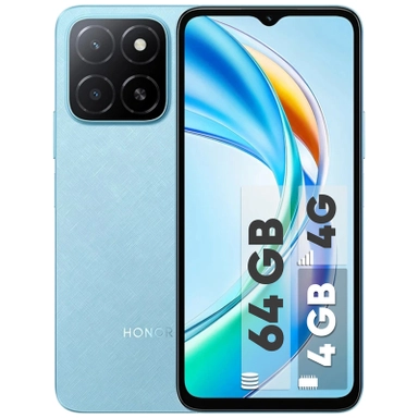 Blue Honor smartphone showing front display and triple rear cameras.